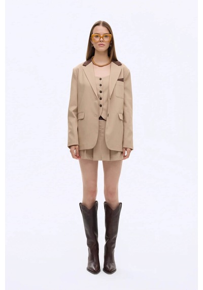 Quzu Kontrast Yaka Oversize Bej Kadın Ceket Ckt00823 Bej