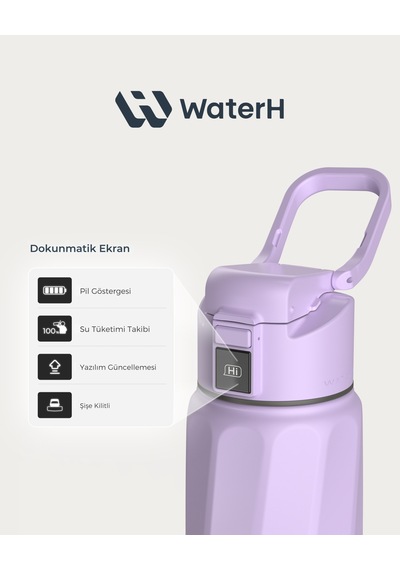 Waterh Boost Akıllı Termos Hidrasyon Takibi Yapan, Yalıtımlı 0,71l / 24oz Akıllı Şişe Mor
