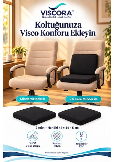 Visco Oturma Minderi Ve Sırt Destek Seti 2 Li Ofis Koltuğu Ve Sandalye Minderi 44 44 5 Cm Siyah
