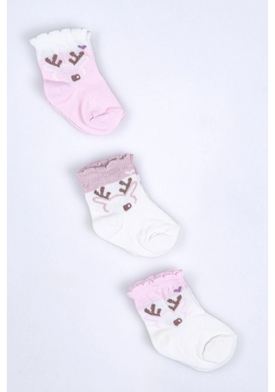 Cocole Socks Kız Bebek Soket Çorabı 3 Lü Set Pamuklu Fırfırlı Bilekli & Geyik Desenli Çok Renkli