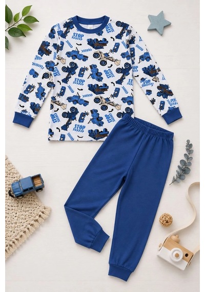 Ertaş Trend Store Erkek Çocuk Premium Penye İş Makinesi Desenli Uzun Kollu Pijama Takımı 2-11 Yaş - Mavi Çok Renkli