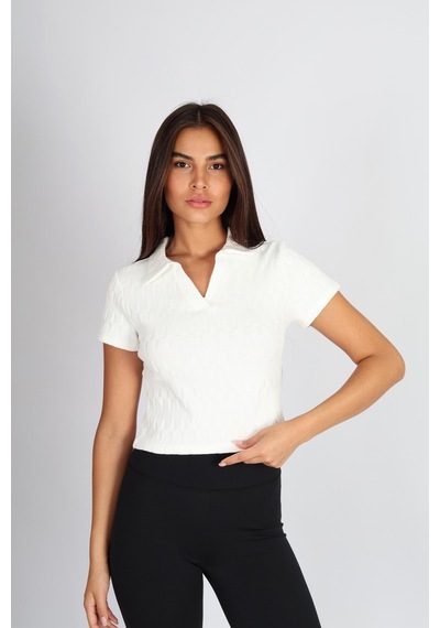 Soft&Basic Polo Yaka Raporlu Jakar Crop Fit T-shirt Ekru