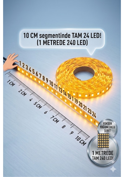Amber Şerit Led İç Mekan ,metre 240 Ledli Şerit Led Mutfak Dolabı Tezgah Üstü 12v 5m Tarafo İle Çalışır.led Lamba,kendinden Yapışkanlı Turuncu