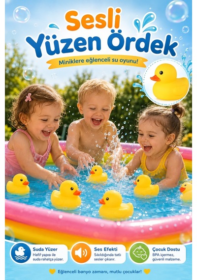 Jasper 3'lü Suda Yüzen Ses Çıkaran Vinil Sarı Ördek Banyo Oyuncağı Bebek Çocuk Banyo ve Havuz Oyuncak