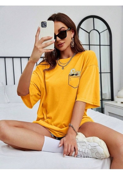 Cep Detay Baskılı T-shirt - Sarı Oversize Bisiklet Yaka Kısa Kol Sari