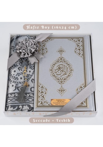 Kuran + Seccade + Tesbih Hediye Seti Hafız Boy, Ekonomik Cilt, Desenli Kutu, Gri