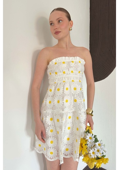 Verymoda Papatya Papatya Nakışlı Elbise Vmd2712 Krem Papatya