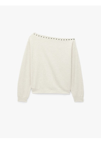 Koton Uzun Kollu Zımba Detaylı Asimetrik Kayık Yaka Omzu Açık Sweatshirt Bej 7wak10064ek Ekru
