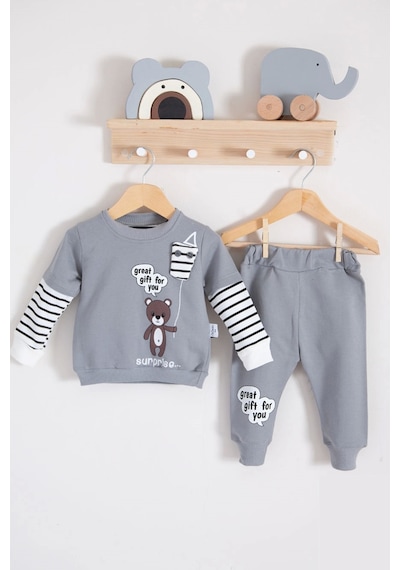 Babydonat Gift For You Desenli 2'li % 100 Pamuk Erkek Bebek Takımı Gri