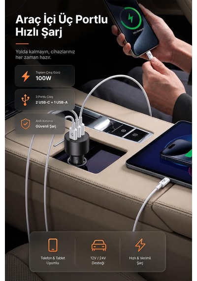 Tr 100w Araç Hızlı Şarj Aleti 2 Usb-c + Qc Usb Girişi Tüm Araçlar Uyumlu Şarj