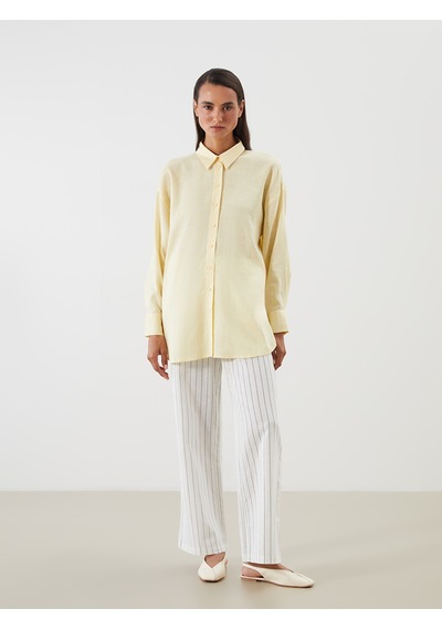 Lcw Modest Ekru Beli Lastikli Çizgili Keten Karışımlı Kadın Pantolon