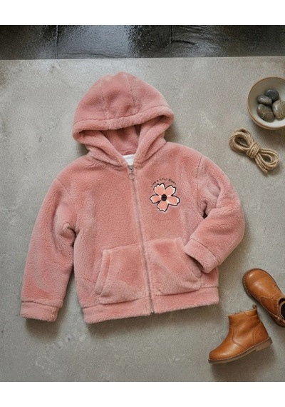 Flower Kız Çocuk Çiçek Nakışlı Pembe Peluş Kapüşonlu Hırka Kışlık