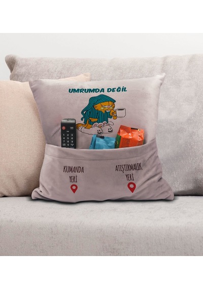 Bk Gift Eğlenceli Tasarımlı Organizer Kumanda Ve Atıştırmalık Cepli Pembe Kırlent Yastık- 6, Ev Dekoru, Ev Hediyesi Sarı