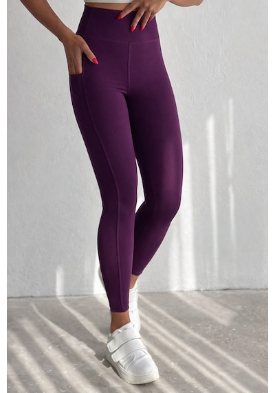 Balenbi Haute Kadın Yüksek Bel Toparlayıcı Çift Cepli Leggings Fitness Tayt 1092 Mürdüm