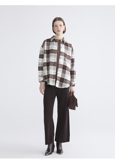 Lcwaıkıkı Classic Kahverengi Ekose Oversize Kadın Gömlek