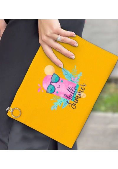 Bk Gift Yaz Temalı-5 Astarlı Sarı Portföy Çanta 30x21cm, Baskılı El Çantası, Organizer Çanta