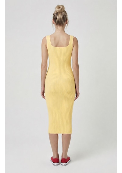 Neden Tekstil Premium Fit Kare Yaka Fitilli Triko Midi Elbise - Sarı