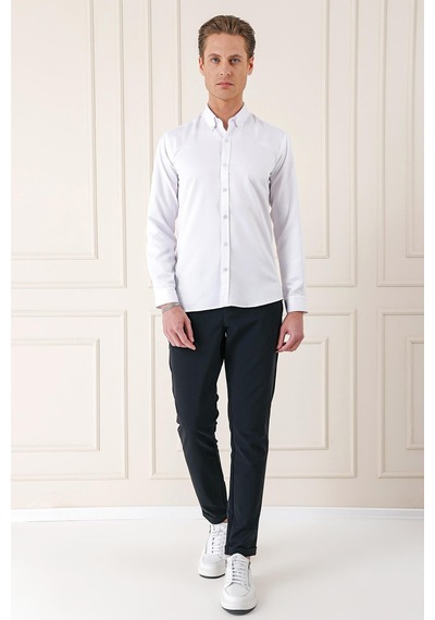 Efor Slim Fit Düğmeli Yaka Dokulu Pamuklu Klasik Beyaz Gömlek Gk 717 Beyaz