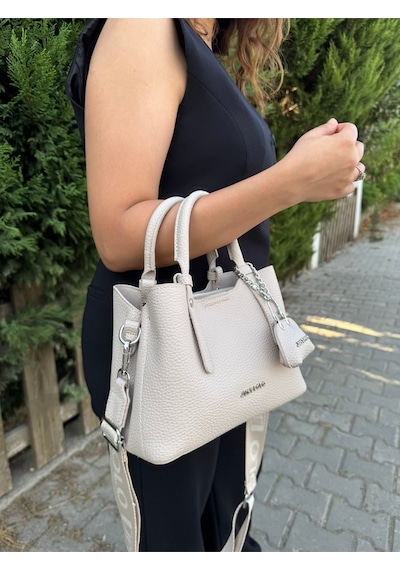 Just Polo Yeni Sezon 3 Bölmeli Yumuşak Deri Şık El Ve Omuz Çantası Shopper 22 X 18 Cm Ekru
