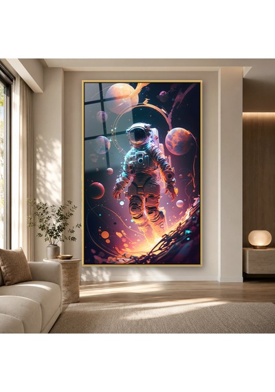 Gezegenler Arasında Işıklı Astronot Gold Çerçeveli Cam Tablo