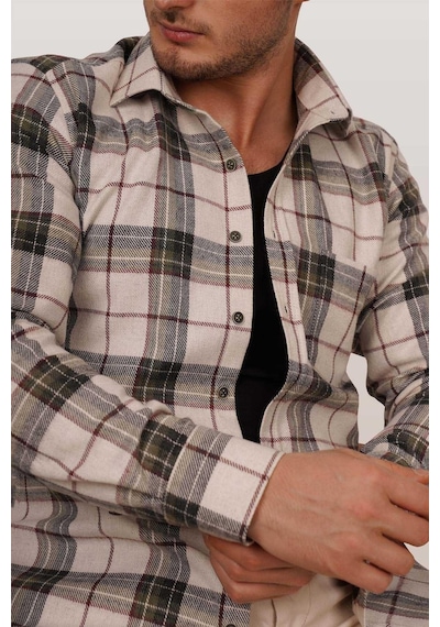 Krem Yeşil Desenli Slimfit Oduncu Erkek Gömlek Krem - Yeşil