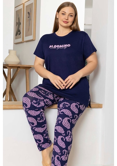 Aydoğan Kadın İnci Büyük Beden Kısa Kol Lacivert Pijama Takım 0064 Lacivert
