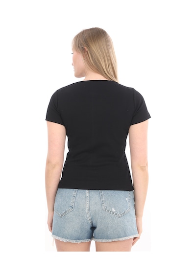 Monox Kadın Fitilli Likralı Pamuk Basic Tshirt Siyah