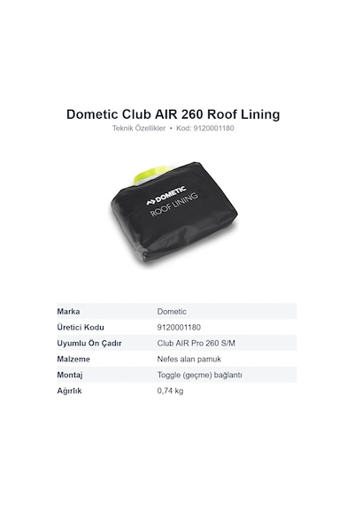 Dometic Club Aır 260 Ön Çadır Tavan Astarı Roof Lining 9120001180