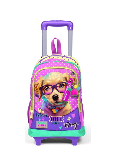 Coral High Kids Sarı Pembe Sevimli Köpek Desenli Üç Bölmeli Çekçekli Okul Sırt Çantası 23952