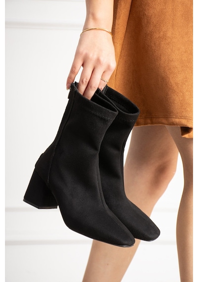 Dabab Shoes Lara Kadın Siyah Süet Streç Küt Burun Fermuarlı 6 Cm Kalın Topuklu Bot Bootie