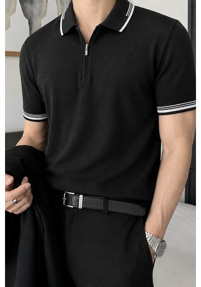 Tarz Cool Erkek Fermuar Yaka Triko Polo Tişört Slim Fit Pamuklu Yazlık Triko Siyah