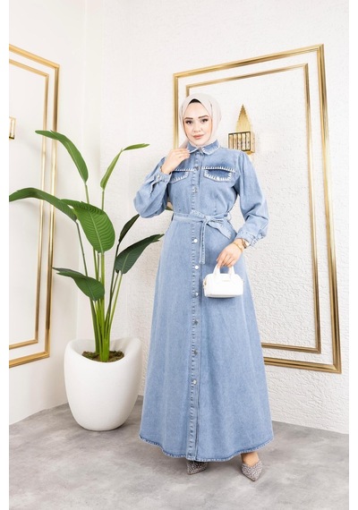 Harman Butik Kadın Cep Detaylı Denim Kot Elbise Mavi Mavi