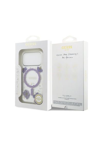 Apple Uyumlu iPhone 17 Pro Kılıf Guess Lisanslı M-safe Şarj Özellikli Transparan Resin Flowers Kapak Mor Mor