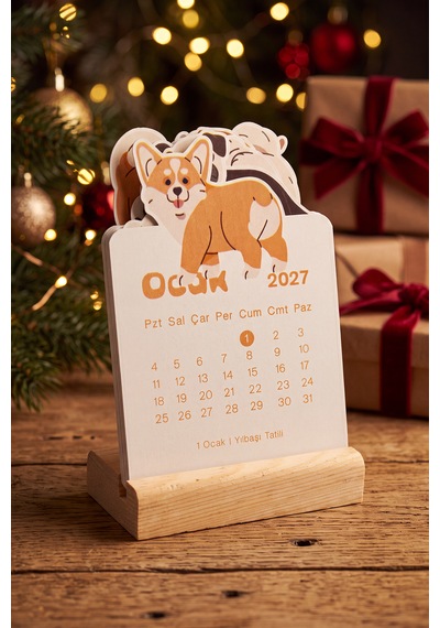 Ahşap Standlı Özel Kesim Neşeli Corgi Tasarımlı 2027 Masaüstü Takvimi 8,5x12 Cm - Sevimli Yeni Yıl Hediyesi Çok Renkli