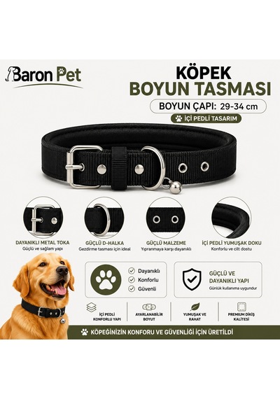 Pedli Zilli Köpek Boyun Tasması 29-34 Cm 2 Cm İçi Pedli Metal Tokalı - Siyah