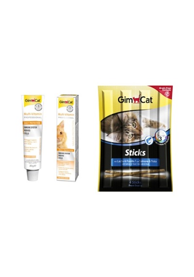 Gimcat Tahılsız Alabalık ve Somonlu Sticks Kedi Ödül Çubukları 4 x 5 G + Gimcat Multi-Vitamin Paste Kedi Macunu 20 G