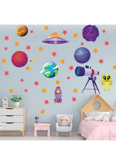 Gezegenler Teleskop Ve Yıldız Temalı Sticker Duvar Seti