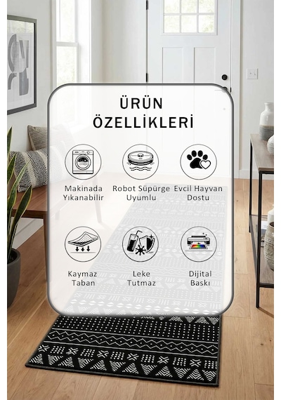 Sümer Siyah Beyaz Salon Mutfak Yatak Odası Yıkanabilir Yolluk Beyaz - Siyah