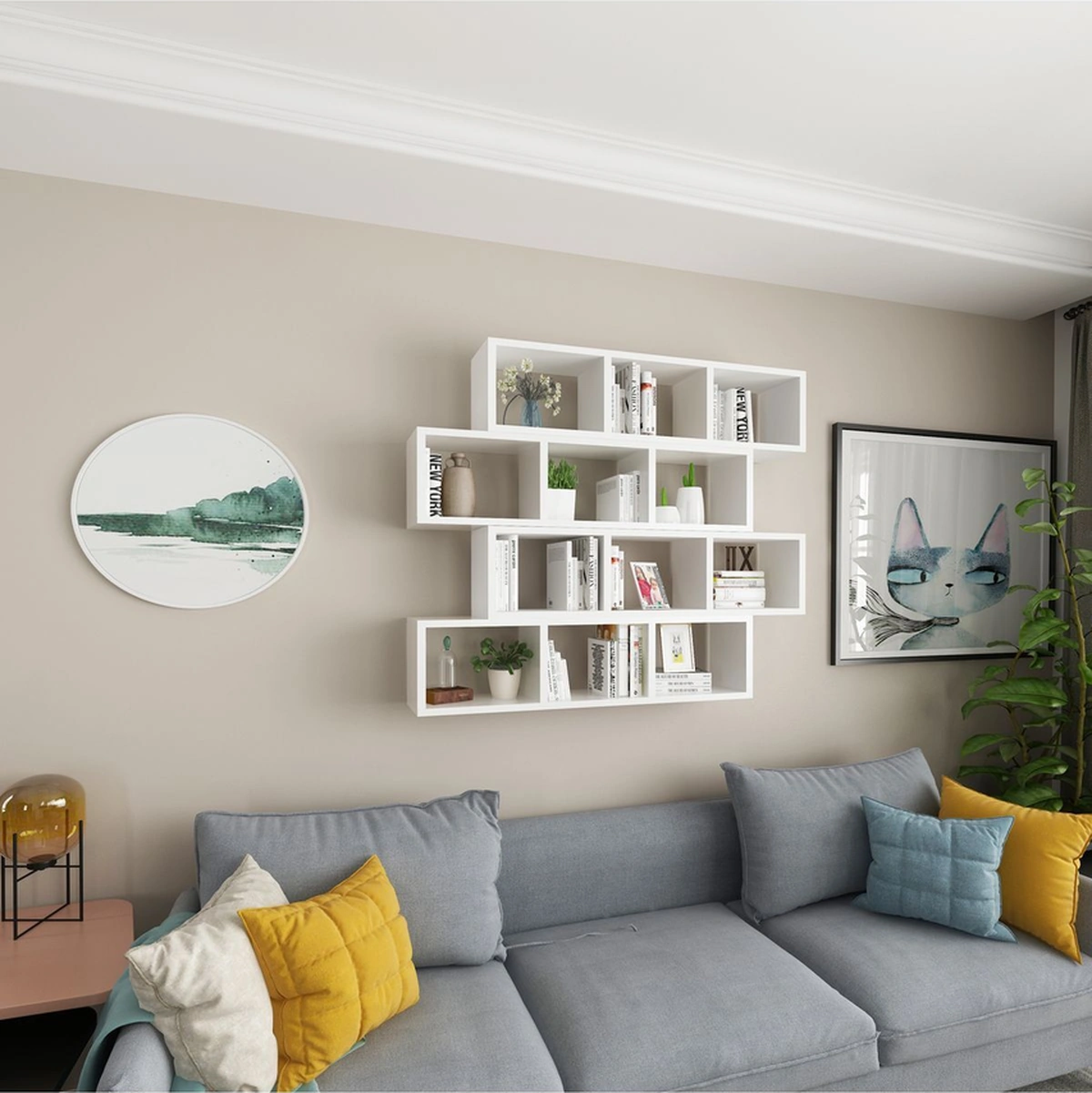 Kitaplık Modern Duvar Rafı Salon Yatay 4 Lü Takım Beyaz Beyaz