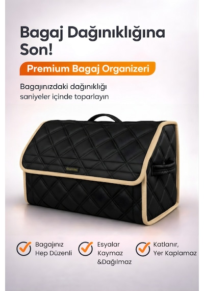Bagaj Çantası Oto Bagaj Organizer Çift Kat Deri Su Geçirmez Kaymaz Katlanır - Siyah Bej