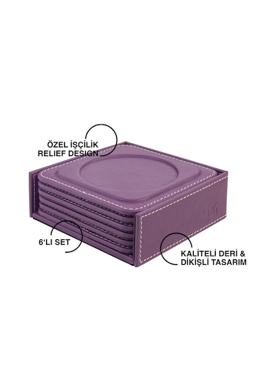 Bardak Altlığı,6 Lı Set,masaüstü Yuvarlak Cup Coaster,vegan Suni Deri,11x11 Cm.,lila Lila