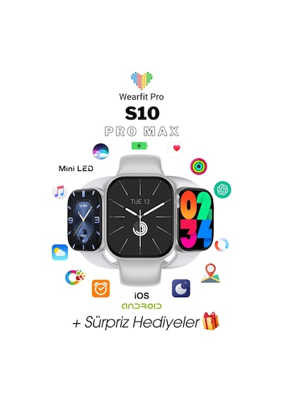 Wearfitpro Wearfit S10 Pro Max 7 Kordonlu Akıllı Kol Saati Smart Watch Miniled Ekran Gri 45mm