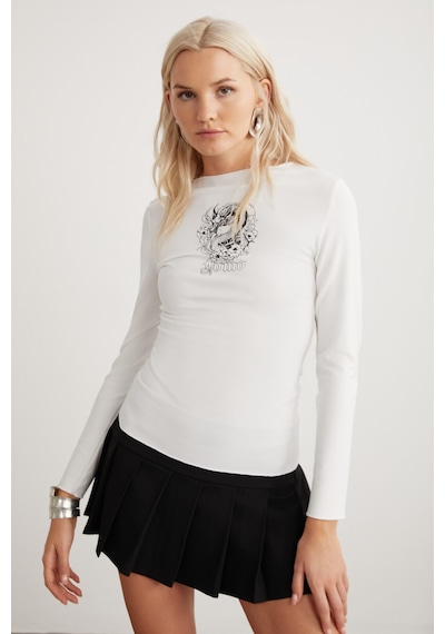 ETHIQUET ZOWI Kadın Baskı Detaylı Slim Fit Dar Kalıp Uzun Kollu Bisiklet Yaka Beyaz T-Shirt