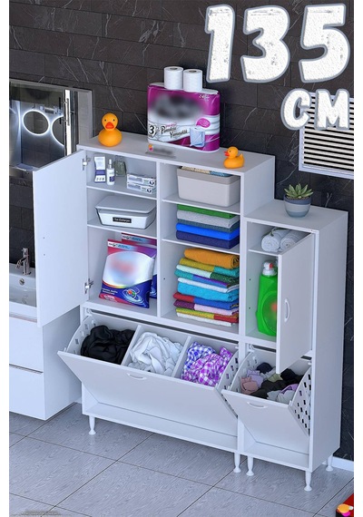 Miraç 135 Cm Beyaz Çok Amaçlı Dikey Banyo Ve Kiler Dolabı 90+45 X160x32,5 Cm