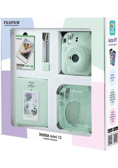 Fujifilm Instax Mini 12 Fotoğraf Makinesi + 10'lu Film + Simli Pleksi Kılıf + Pvc Albüm + Kıskaçlı Resim Standı Yeşil