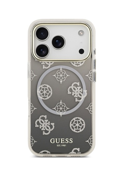 Apple Uyumlu iPhone 17 Pro  Kılıf Guess Lisanslı M-safe Özellikli Simli Peony Desenli Silikon Kapak Siyah Siyah