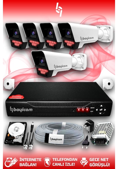 Bayicam 5 Kameralı Süper 5 Dış Kamera Set 250 GB 5 MP 2K Net Gece Görüşlü Güvenlik Kamerası Sistemi