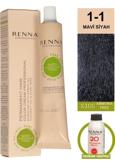 Renna Bitkisel Amonyaksız Saç Boyası 60 Ml 1-1 Mavi Siyah Oksidan Hediyeli