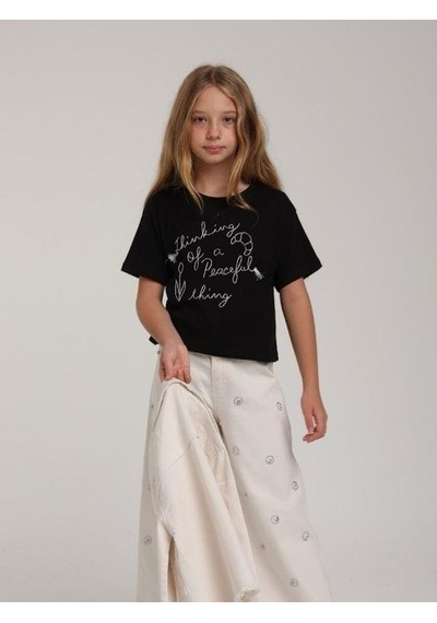 Escabel Kız Çocuk Pamuklu Yuvarlak Yaka Yarım Kol Simli T-shirt-15662 Siyah