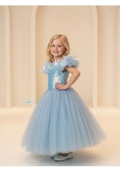 Zekids Kız Çocuk Kelebek Detaylı Tül Abiye Elbise-17246 Mavi